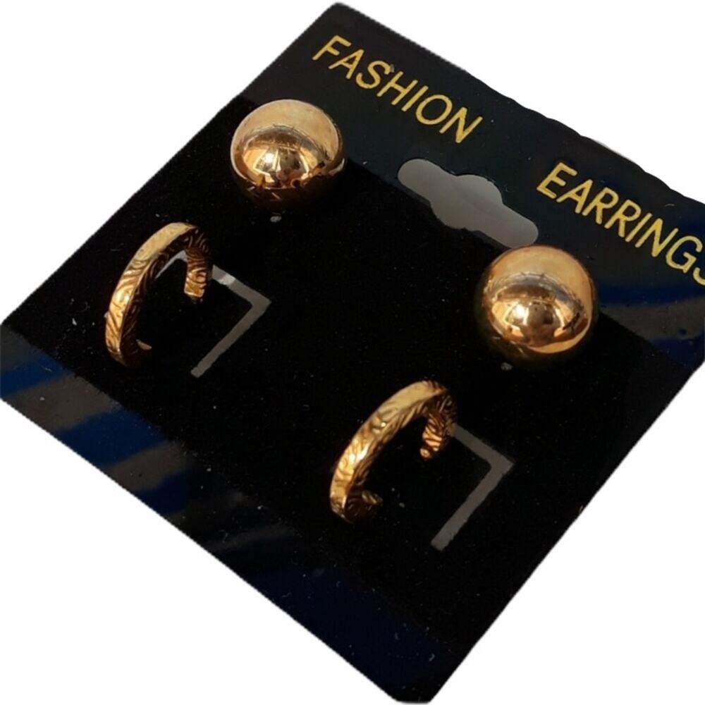 Vintage Gold Earrings Open Hoops & Ball Studs